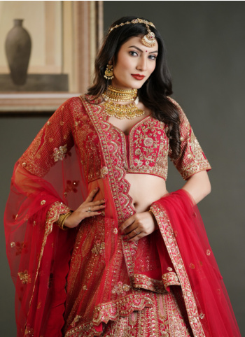 Radiant Red Raw Silk Wedding Lehenga Choli WIth Double Dupattas
