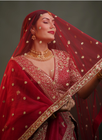 Gorgeous Red Embroidered Raw Silk Lehenga Choli With Two Dupattas