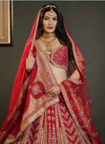 Mesmerizing Red Embroidered Lehenga Choli With Two Dupattas