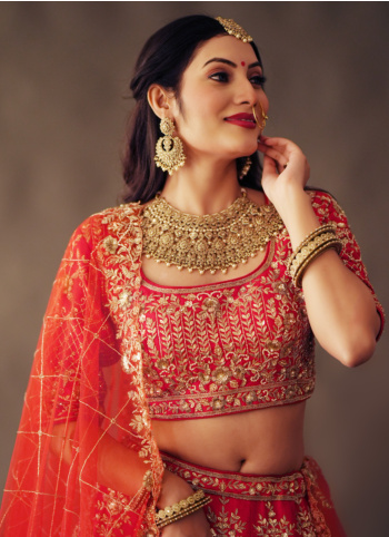 Rust Color Handcrafted Zardosi Embellished Raw Silk Bridal Lehenga Choli
