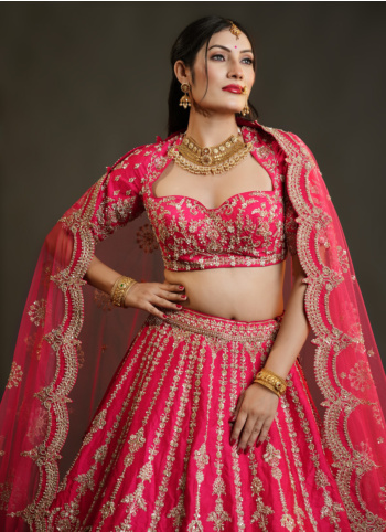 Deep Pink Hand Embroidered Raw Silk Lehenga Choli For Bride