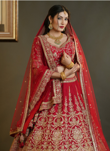Stunning Red Heavy Embroidered Raw Silk Lehenga Choli With Two Dupattas