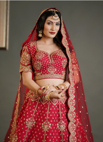 Red Embroidered Raw Silk Lehenga Choli For Bride