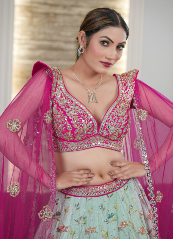 Light Pista Green and Pink Floral Printed Silk Lehenga Choli