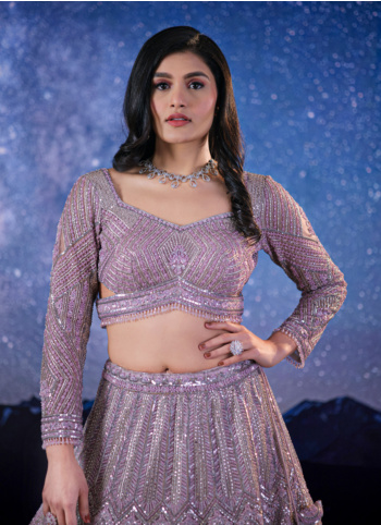 Lilac Net Lehenga Choli With Hand Embroidery Work