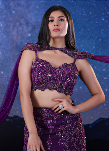 Gorgeous Purple Embroidered Fish Cut Lehenga Set