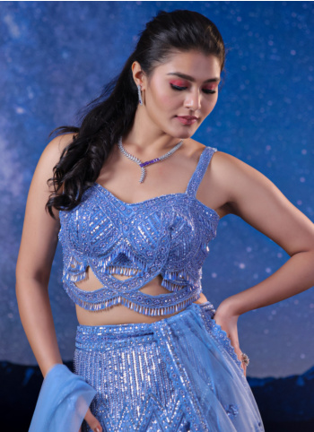 Stunning Sky Blue Hand Embroidered Lehenga Choli With Dupatta