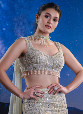 Stunning Golden Cream Hand Embroidered Fish Cut Lehenga Choli