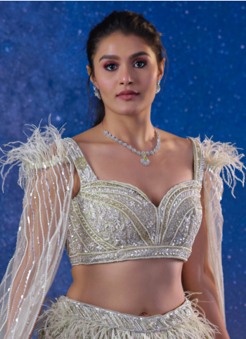 Golden Cream Hand Embroidered Net Lehenga Choli For Bride