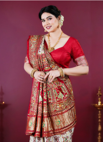 Off White And Red Gajji Silk Bandhani Gharchola Saree