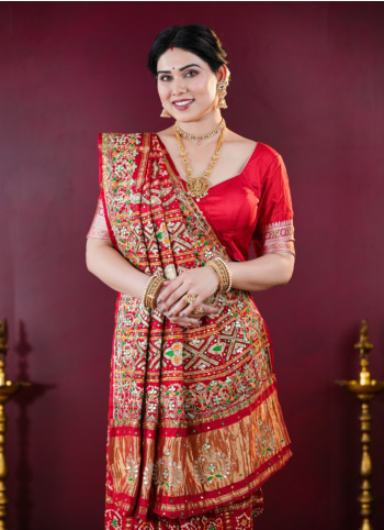 Red Embroidered Gajji Silk Gharchola Saree