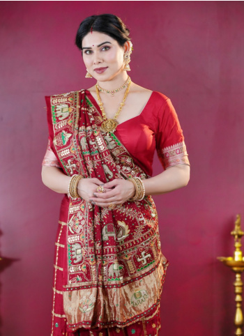 Maroon Embroidered Gajji Silk Gharchola Saree
