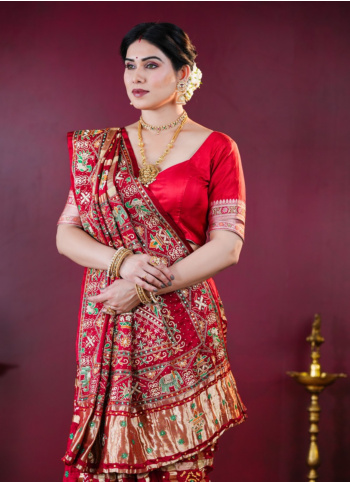 Maroon Embroidered Gajji Silk Bandhani Gharchola Saree