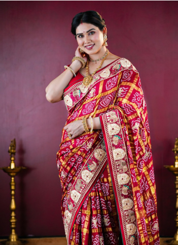 Maroon Embroidered Chanderi Silk Bandhani Gharchola Saree