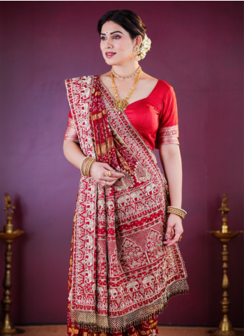 Maroon Embroidered Chanderi Silk Bandhani Gharchola Saree