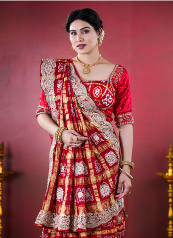 Maroon Bandhani Gharchola Saree In Chanderi Silk