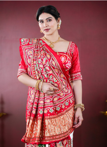 Multicolor Embroidered Bandhani Gharchola Saree In Gajji Silk