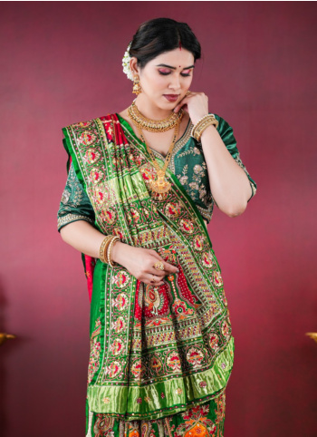 Maroon And Green Embroidered Gajji Silk Gharchola Saree