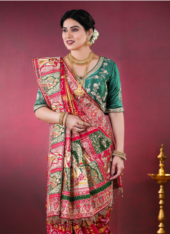 Maroon Chanderi Silk Embroidered Bandhani Gharchola Saree