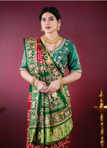 Maroon And Green Gajji Silk Embroidered Gharchola Saree