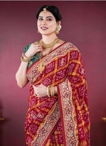 Maroon Bandhani Gharchola Saree In Chanderi Silk