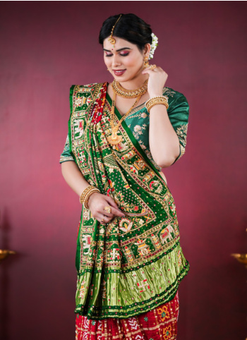 Maroon And Green Gajji Silk Gharchola Saree
