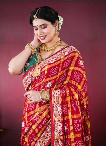 Maroon Embroidered Chanderi Silk Bandhani Gharchola Saree