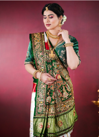 Off White And Green Gharchola Saree In Gajji Silk