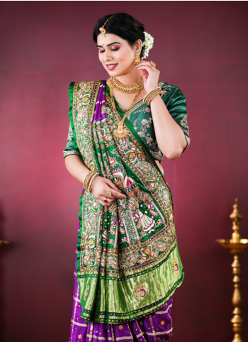Green And Purple Embroidered Gharchola Saree In Gajji Silk