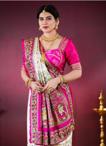Cream And Rani Embroidered Gajji Silk Gharchola Saree