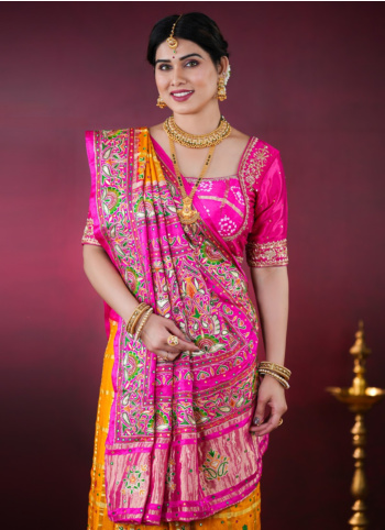 Yellow And Rani Gajji Silk Gharchola Saree