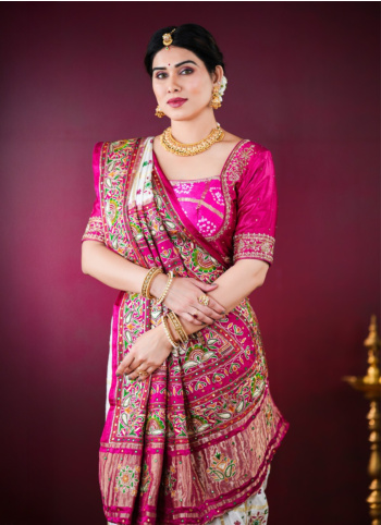 Off White And Rani Gajji Silk Gharchola Saree