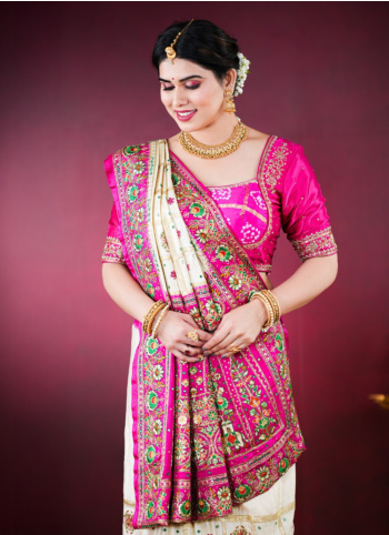 Cream And Rani Gajji Silk Gharchola Saree