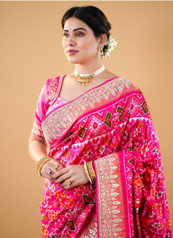 Rani Color Silk Embroidered Patola Saree