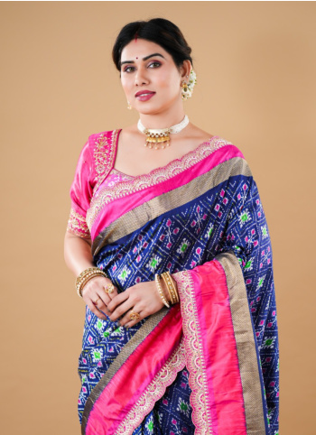 Navy Blue And Rani Patola Saree In Silk
