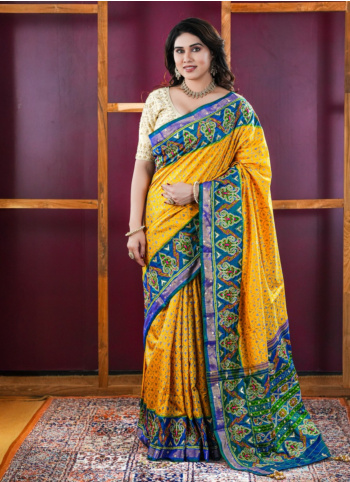 Yellow And Peacock Green Patola Silk Saree
