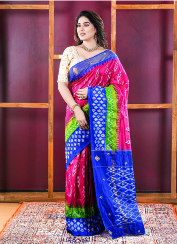 Rani And Blue Embroidered Patola Silk Saree