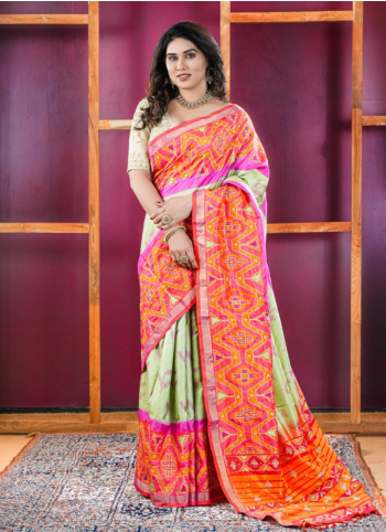 Pista Green And Dark Peach Patola Silk Saree