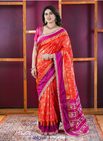 Orange And Rani Embroidered Patola Silk Saree