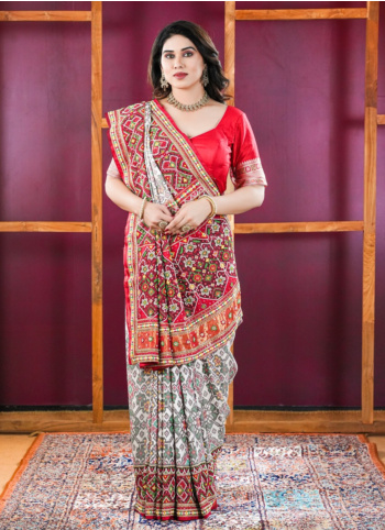 White And Maroon Embroidered Patola Silk Saree