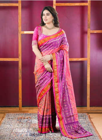 Dark Coral Embroidered Patola Silk Saree