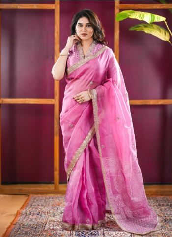 Pink Organza Saree With Readymade Blouse