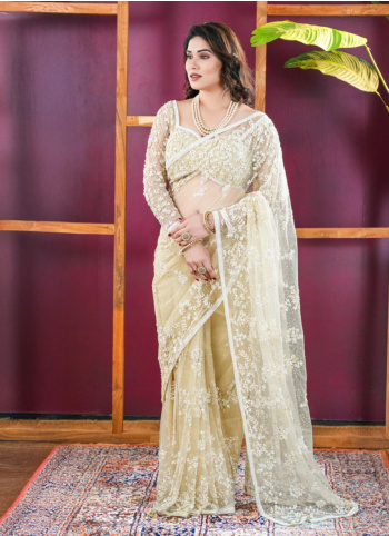 Cream Net Embroidered Saree With Readymade Choli