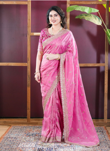 Pink Shimmer Silk Saree With Readymade Blouse