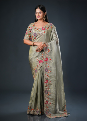 Pista Green Floral Embroidered Organza Saree