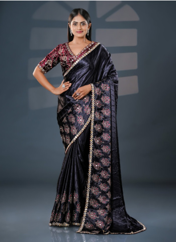 Black Crepe Silk Saree With Readymade Blouse