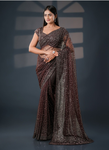 Brown Net Embroidered Saree With Readymade Blouse