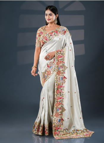 Off White Floral Embroidered Shimmer Tissue Saree