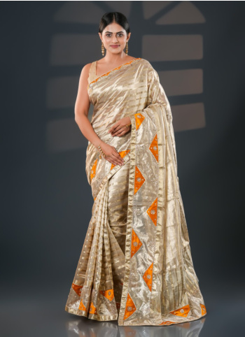 Light Gold Embroidered Saree In Tissue Fabric