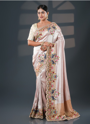 Onion Pink Embroidered Shimmer Fabric Saree